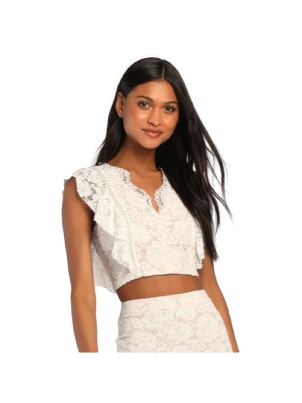 NWT Lulus Ivory Lace Ruffle Crop Top XS - Picture 2 of 7